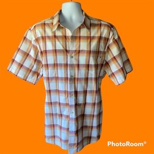 Marmot Button Up Shirt Mens 2XL Orange Cream Red Plaid Short Sleeve Pocket
